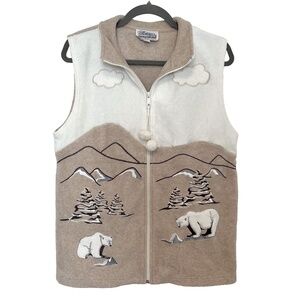 Vintage Fleece Vest with Embroidered Polar Bear Graphic and Zipper
